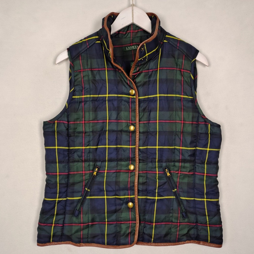 Lauren Ralph Lauren Tartan Plaid Quilted Vest Leather Trim Green Navy Large